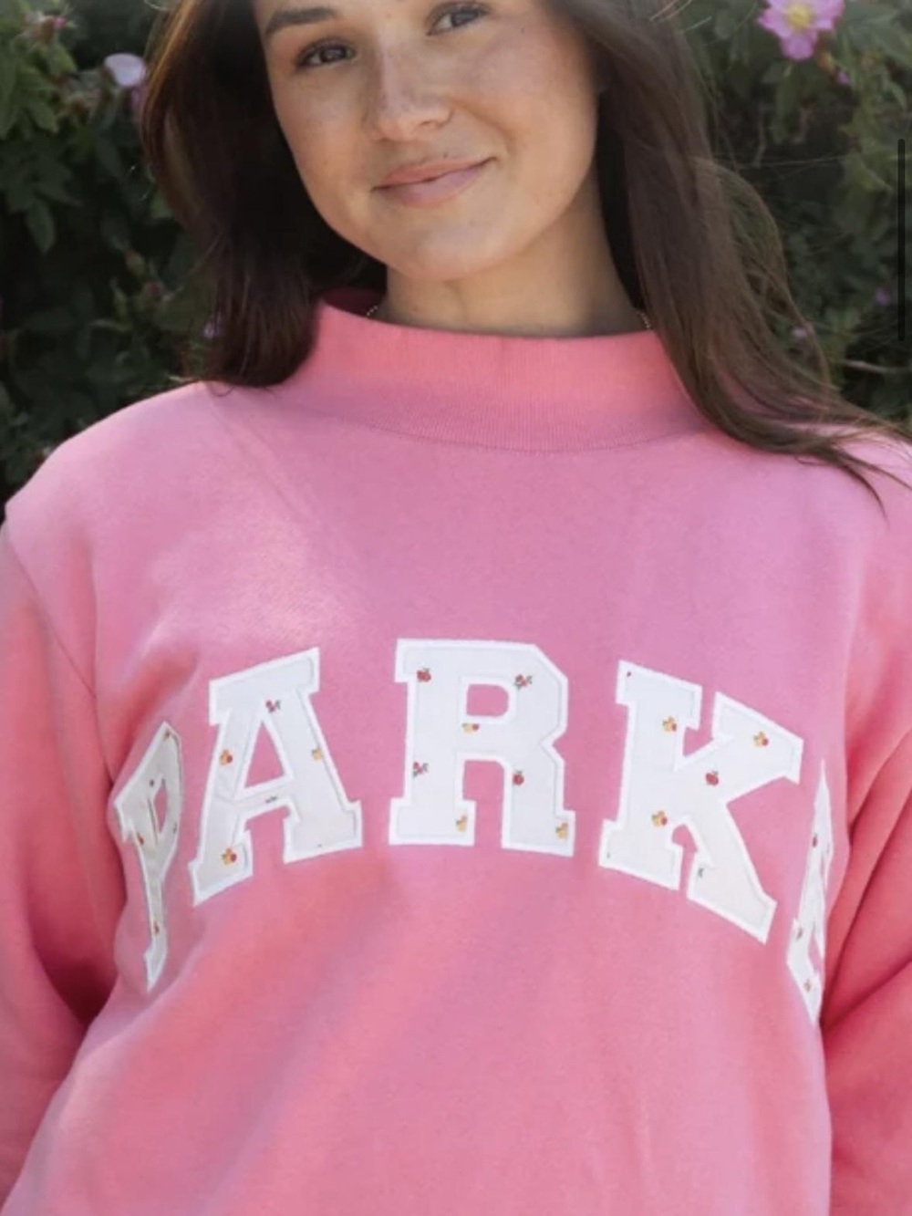 Parke Pink Mock-Neck Sweatshirt with White Appliqué Lettering